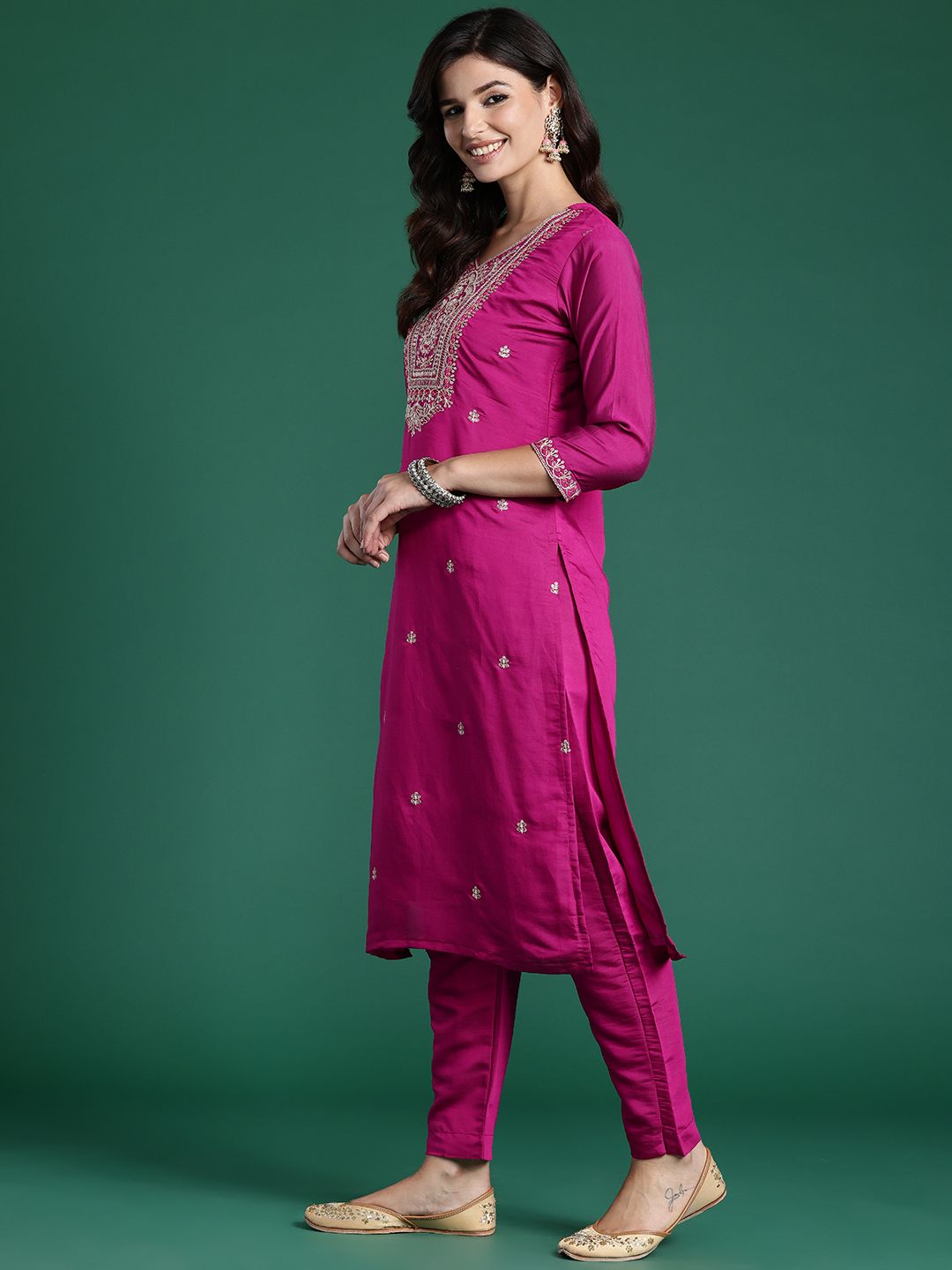Indyancart IE Women Ethnic Motifs Embroidered Regular Kurta with Trousers & With Dupatta