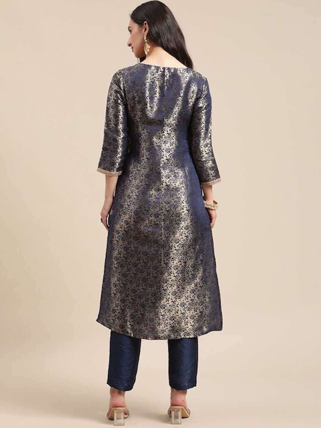 Indyancart VA Women's Blue & Gold Floral Brocade Gotta Patti Straight Winter Kurta with Trousers