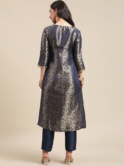 Indyancart VA Women's Blue & Gold Floral Brocade Gotta Patti Straight Winter Kurta with Trousers