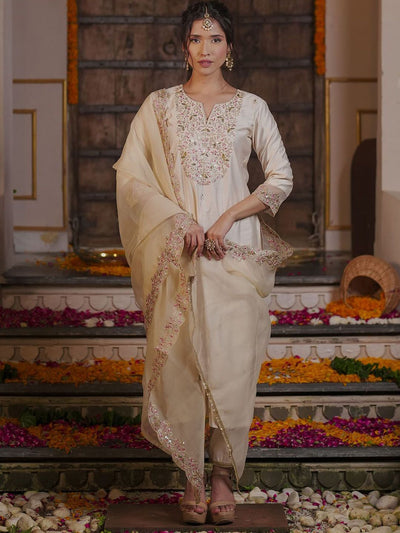 Indyancart IE Floral Embroidered Liva Kurta with Trousers & Dupatta