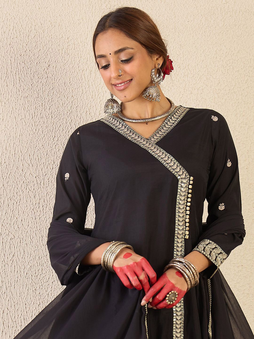 Indyancart IE Ethnic Motifs Embroidered Angrakha Kurta With Trousers & Dupatta