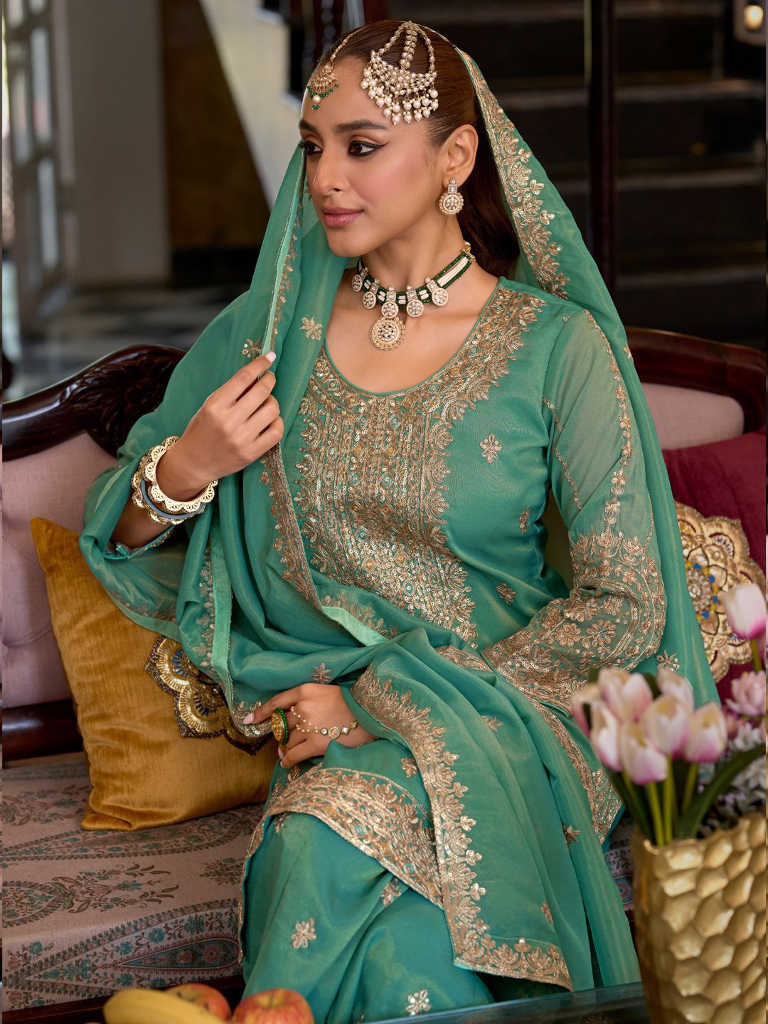Indyancart IE Ethnic Motifs Embroidered Sequinned Straight Kurta Palazzos With Dupatta