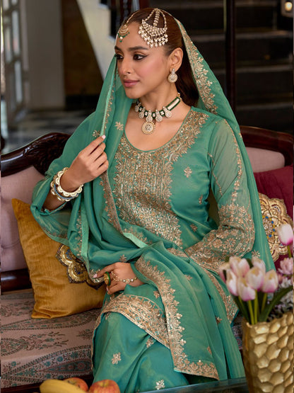 Indyancart IE Ethnic Motifs Embroidered Sequinned Straight Kurta Palazzos With Dupatta