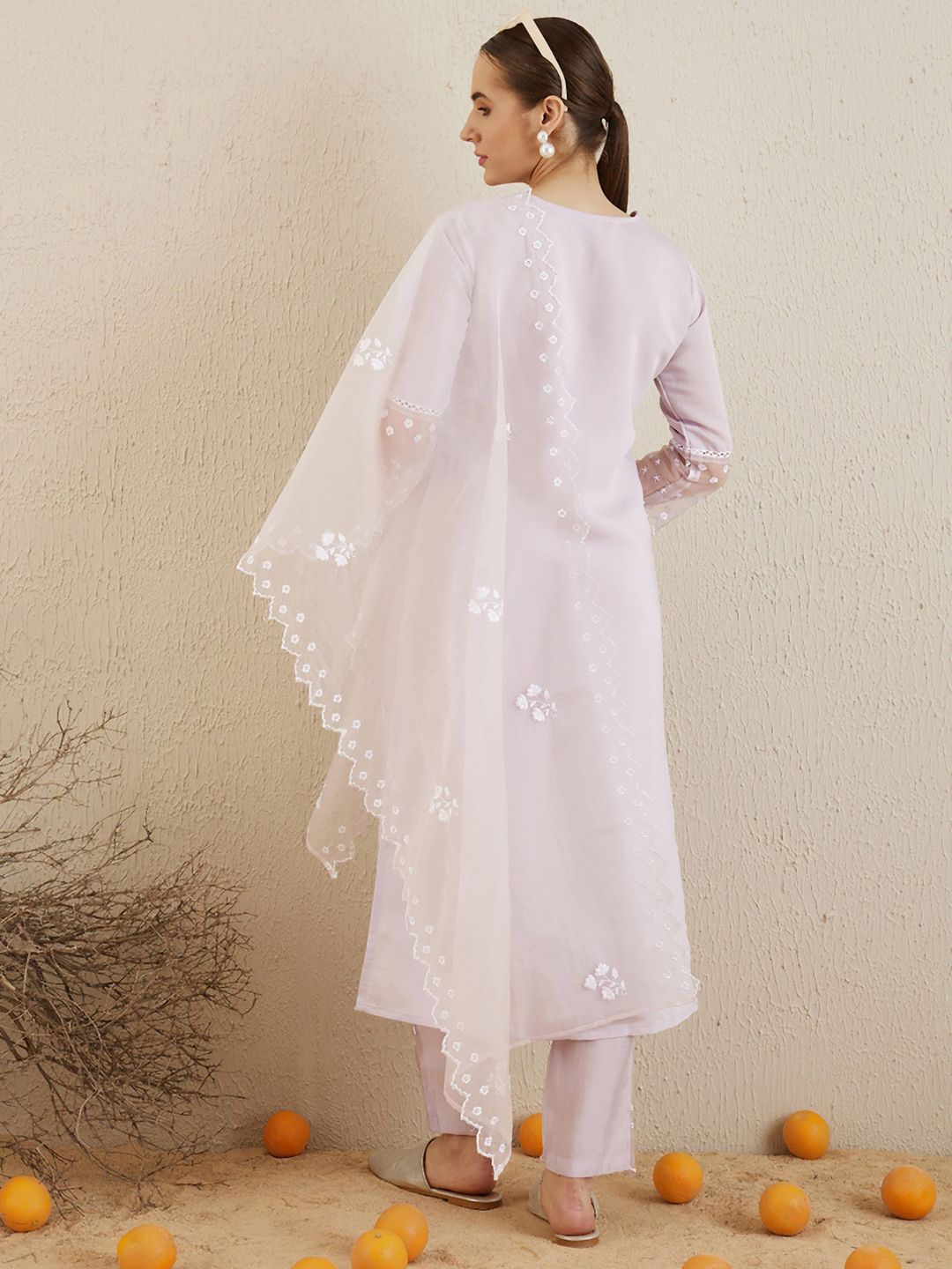 Indyancart IE Floral Embroidered V-Neck Thread Work Kurta with Trousers & With Dupatta