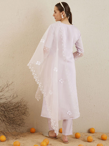 Indyancart IE Floral Embroidered V-Neck Thread Work Kurta with Trousers & With Dupatta