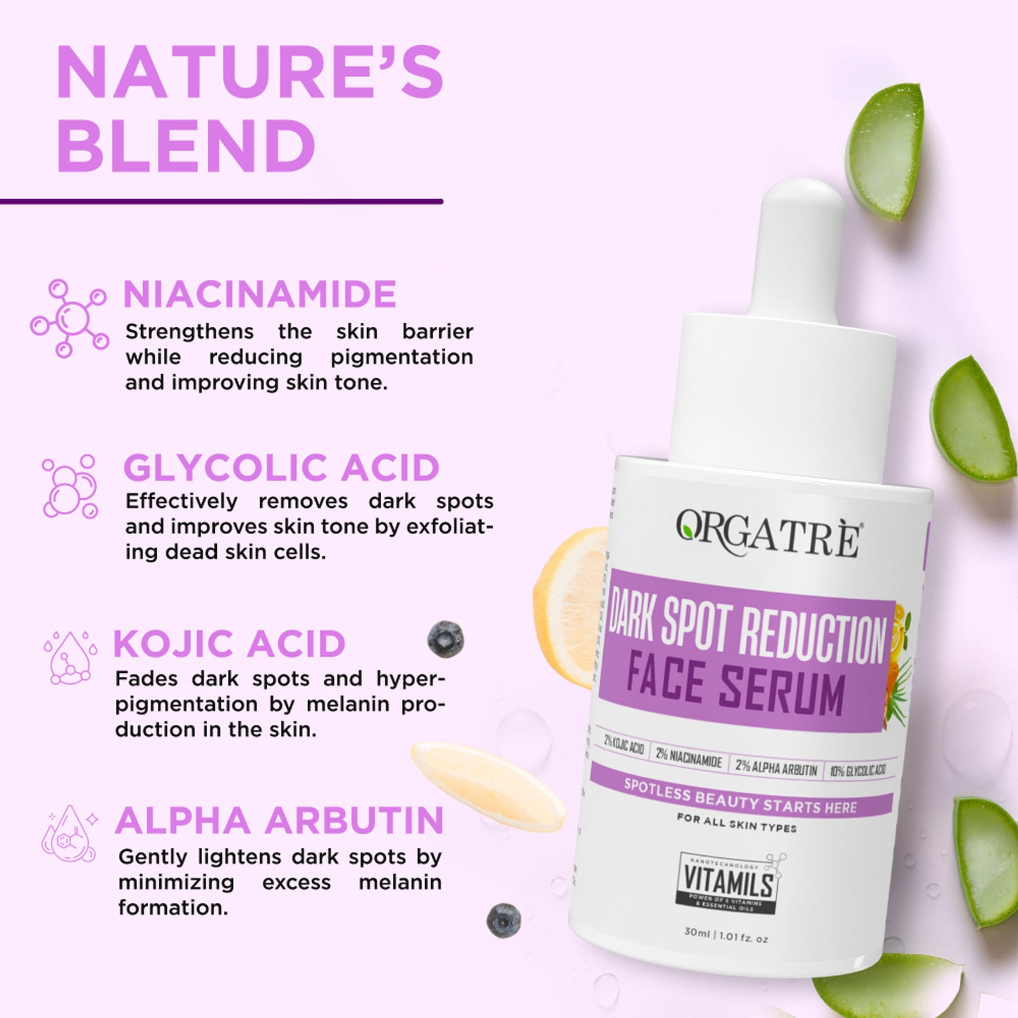 Orgatre 10% Glycolic Acid, 2% Kojic Acid Dark Spot Serum- Brightens Skin & Reduces Hyperpigmentation