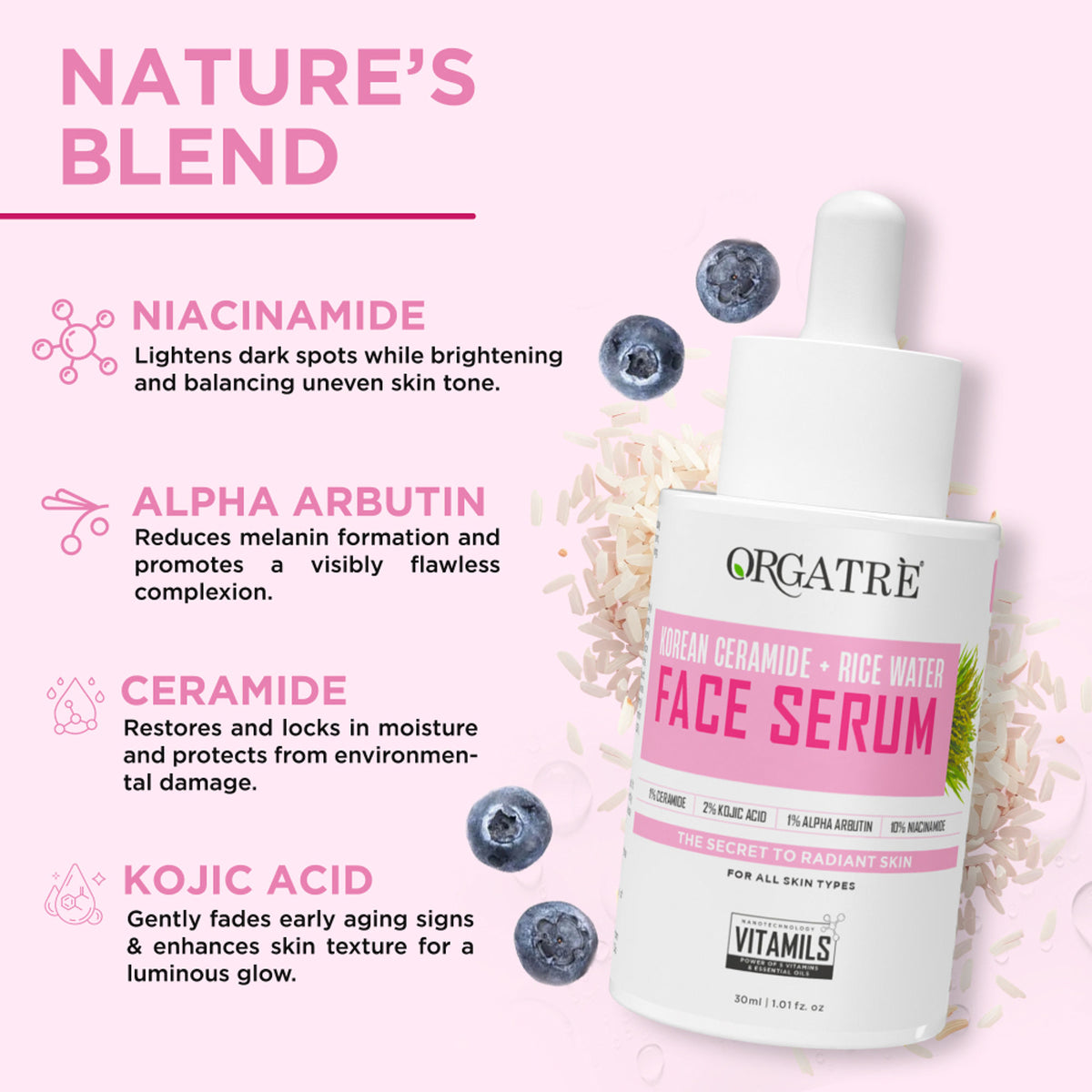 Orgatre Korean Ceramide & Rice Water Face Serum - Hydrates, Brightens & Soothes for Glass Skin