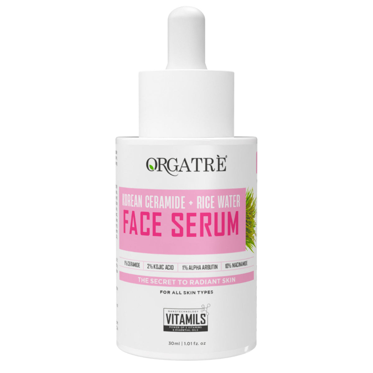 Orgatre Korean Ceramide & Rice Water Face Serum - Hydrates, Brightens & Soothes for Glass Skin