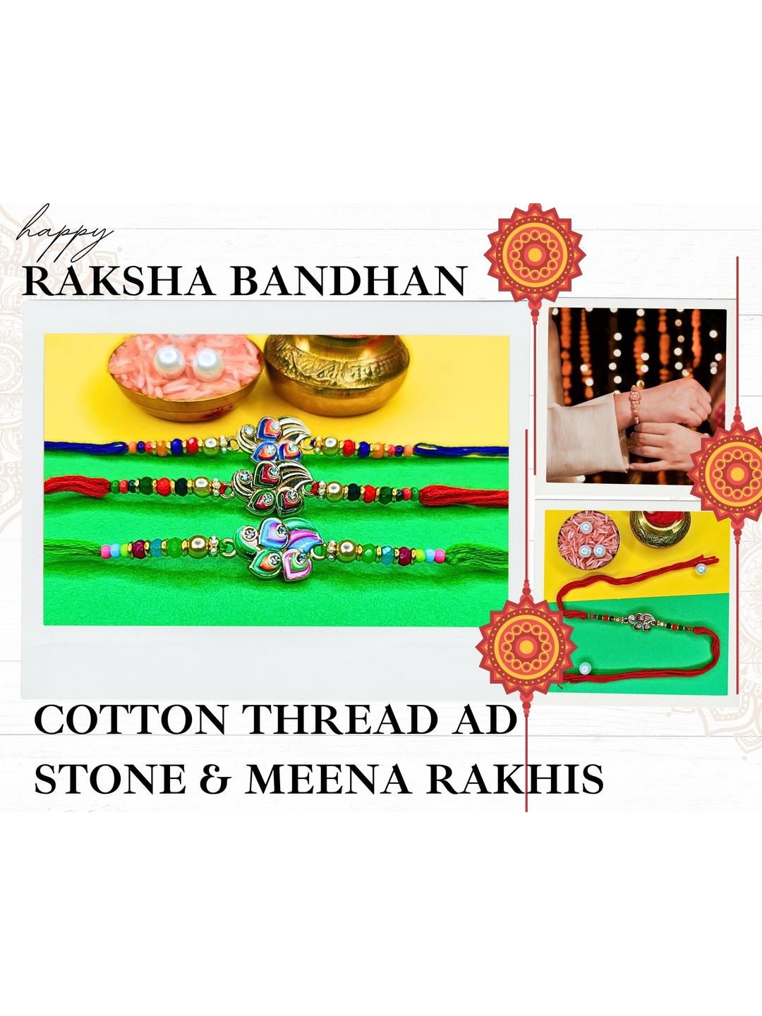 Anouk Set Of 3 Beaded Cotton Thread with AD Stones & Meenakari Designer Rakhi for Brother