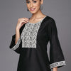 Dhiyona IE Women Black & White Floral Yoke Design Bell Sleeves Thread Work Liva Kurta
