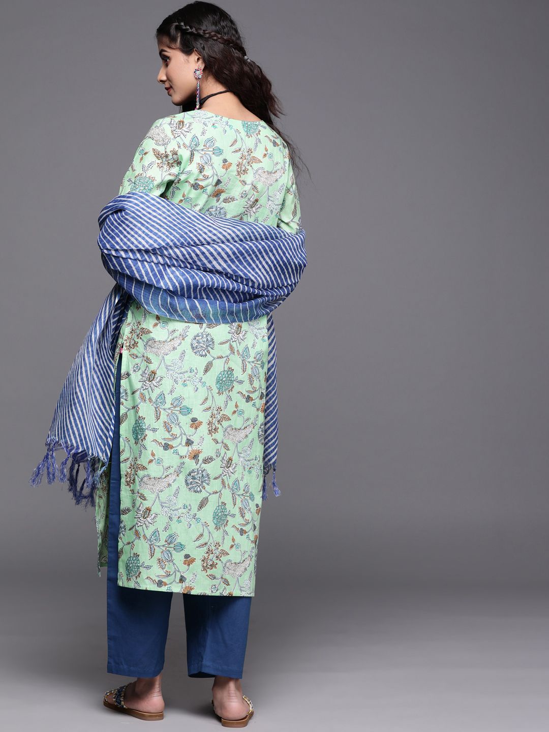 Indyancart VA Women's Blue Pure Cotton Floral Printed Sequinned Kurta with Trousers & With Dupatta