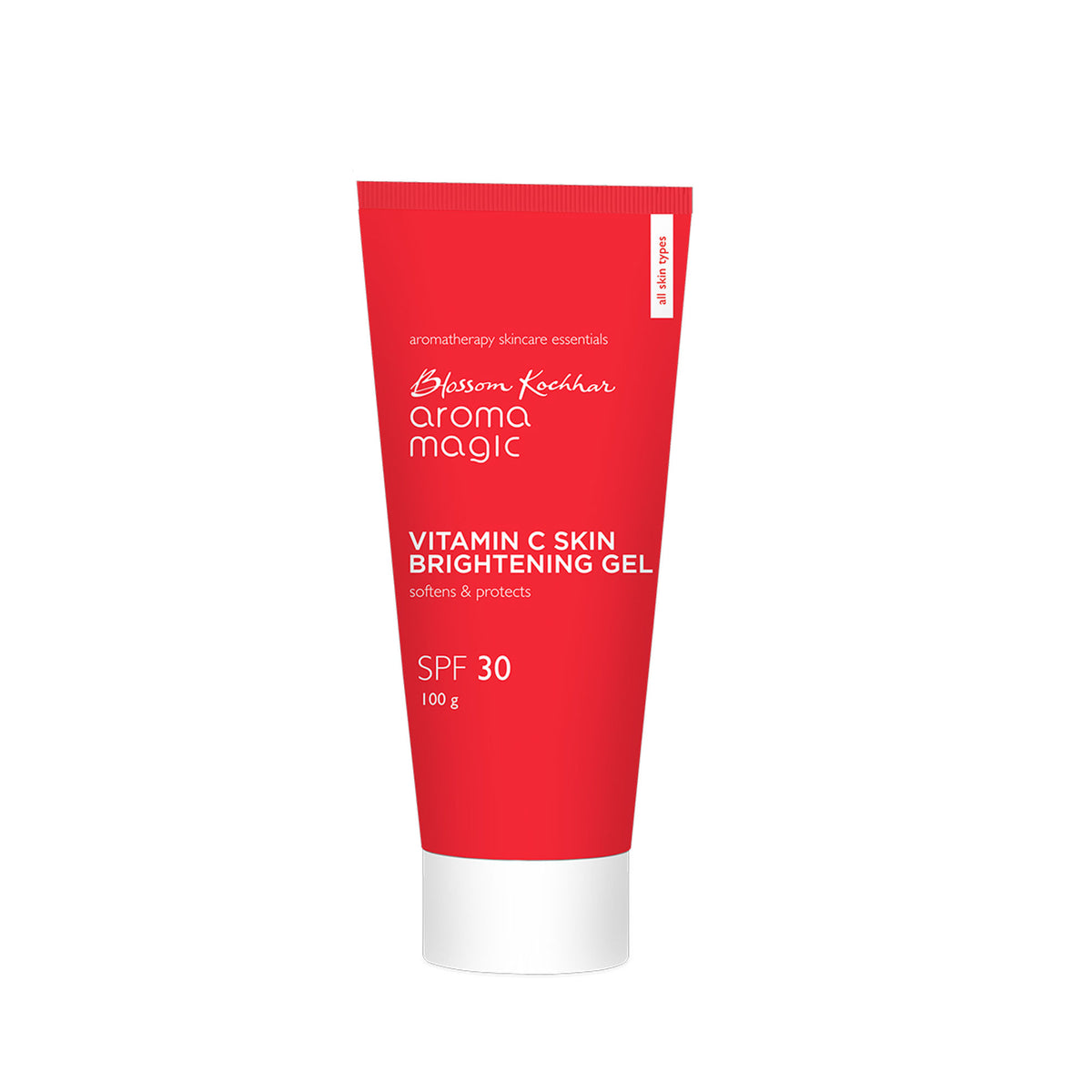 Aroma Magic Vitamin C skin brightening gel with SPF 30, showing the tube with vibrant orange and white packaging.