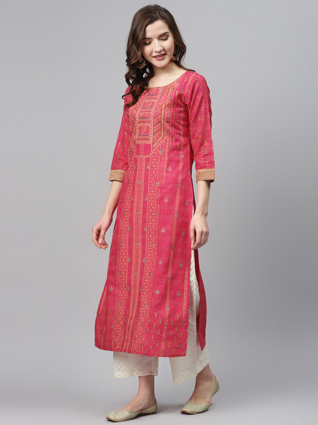 Indyancart IE Women Pink & Peach-Coloured Foil Print Straight Kurta