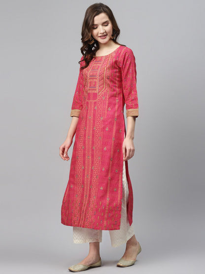 Indyancart IE Women Pink & Peach-Coloured Foil Print Straight Kurta