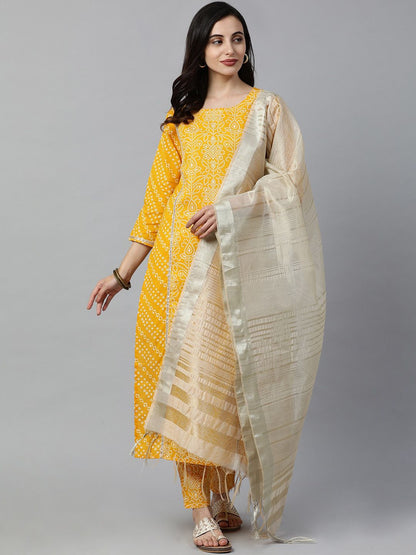 Women Yellow & White Printed Kurta with Trousers & Dupatta
