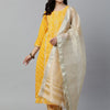 Indyancart IE Women Yellow & White Printed Kurta with Trousers & Dupatta