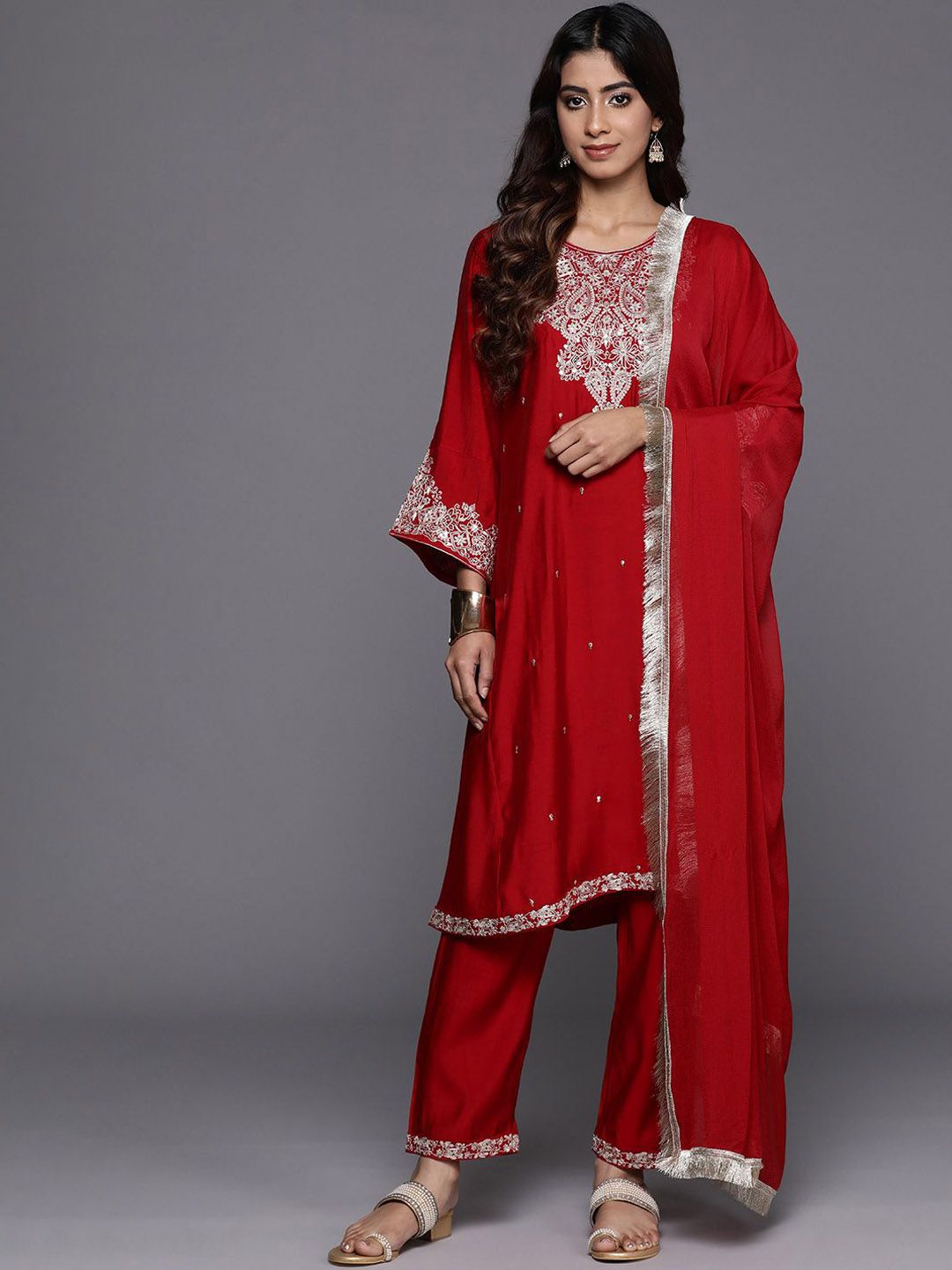 Indyancart VA Women'sFloral Embroidered Sequinned A-Line Kurta with Trousers with Dupatta