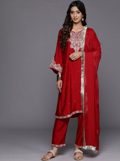 Indyancart VA Women'sFloral Embroidered Sequinned A-Line Kurta with Trousers with Dupatta