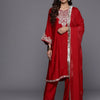 Indyancart VA Women'sFloral Embroidered Sequinned A-Line Kurta with Trousers with Dupatta