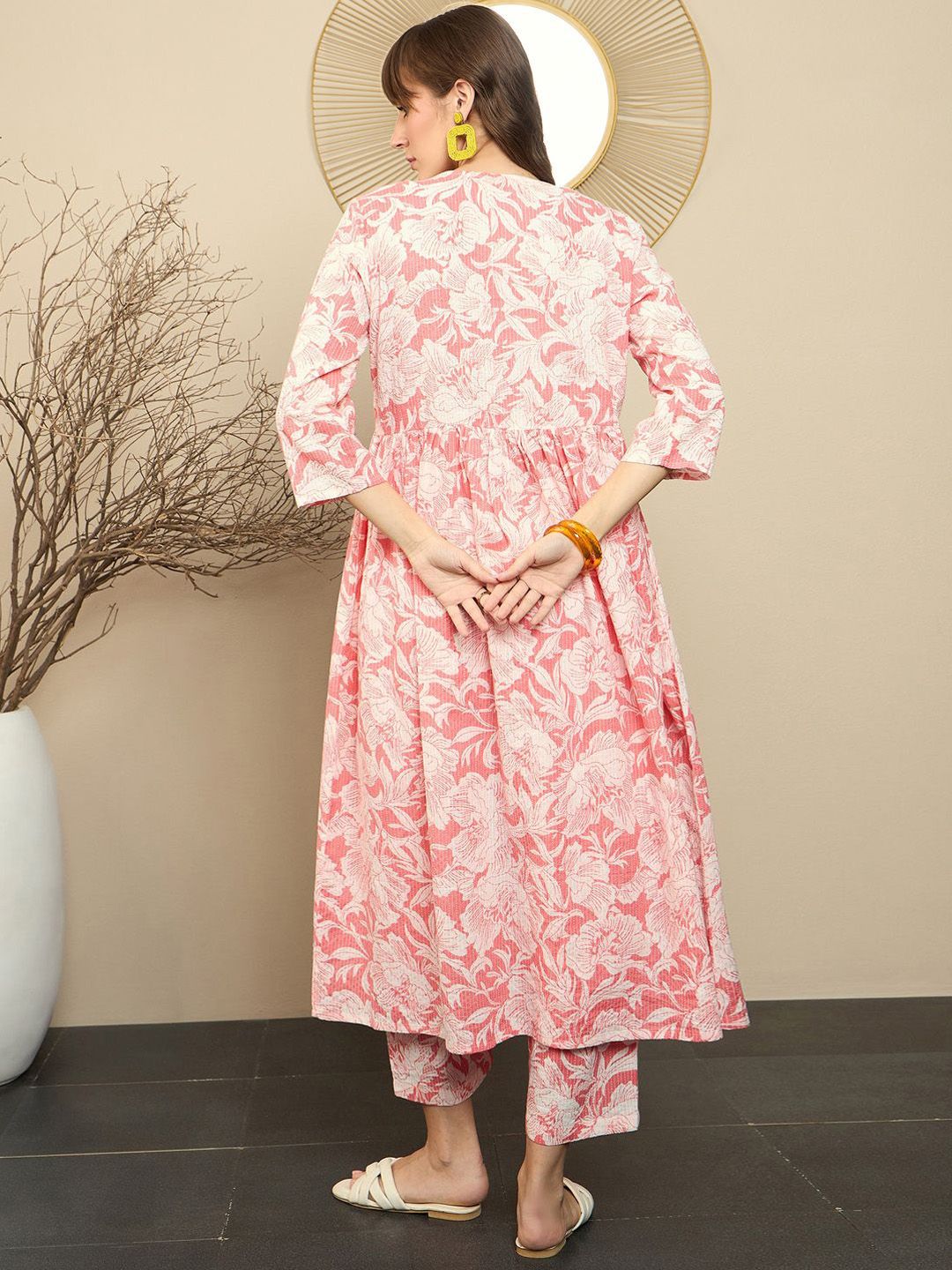 Indyancart IE Floral Printed Empire Pure Cotton A-Line Kurta With Trousers