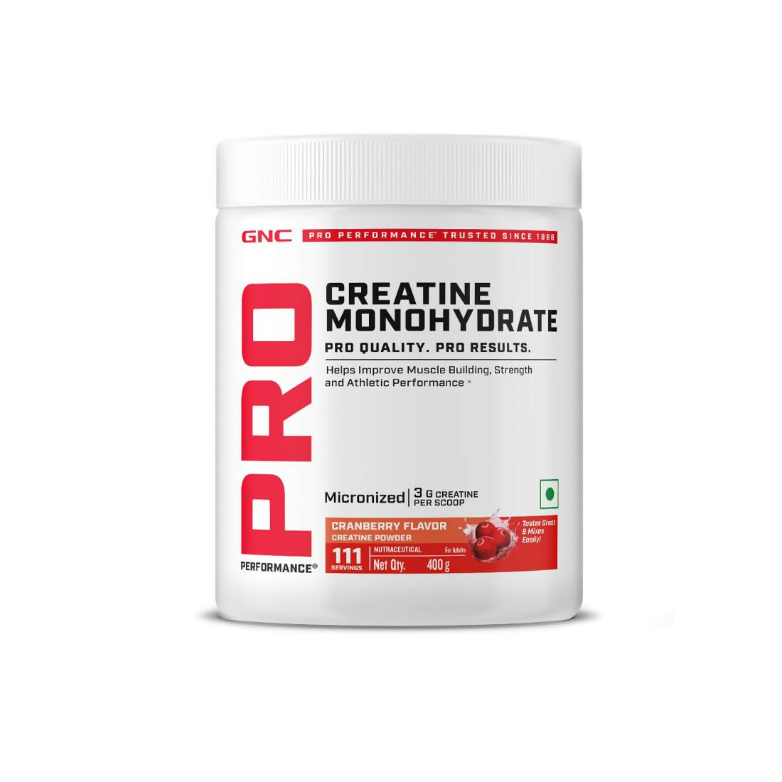 GNC Pro Performance Creatine Monohydrate cranberry flavored Ayurvedic protein powder in a jar with a scoop