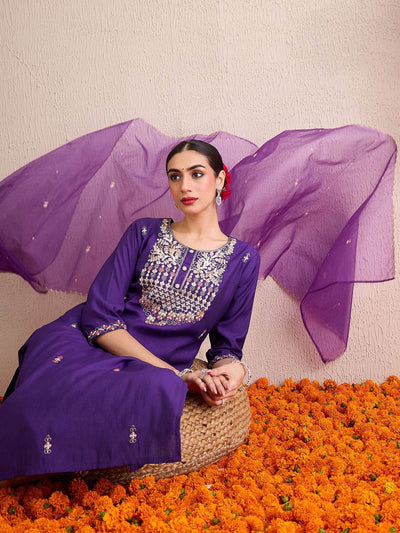 Dhiyona IE Women Ethnic Motifs Embroidered Regular Sequinned Kurta with Trousers & With Dupatta