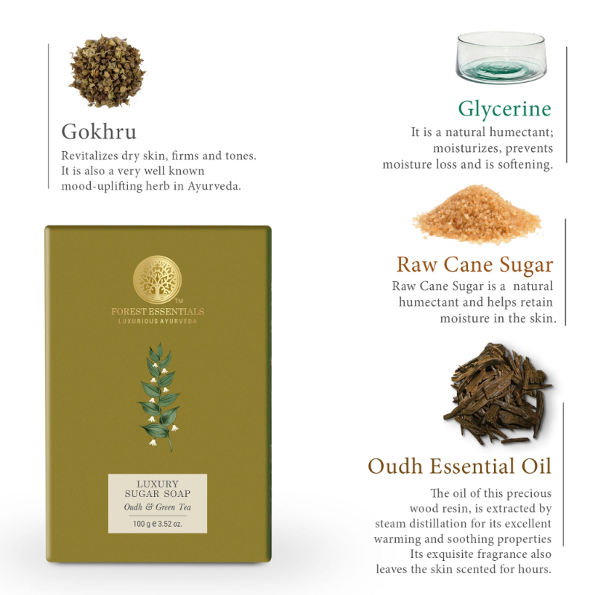 Forest Essentials Luxury Sugar Soap Oudh & Green Tea - Ayurvedic Handmade Bath Soap