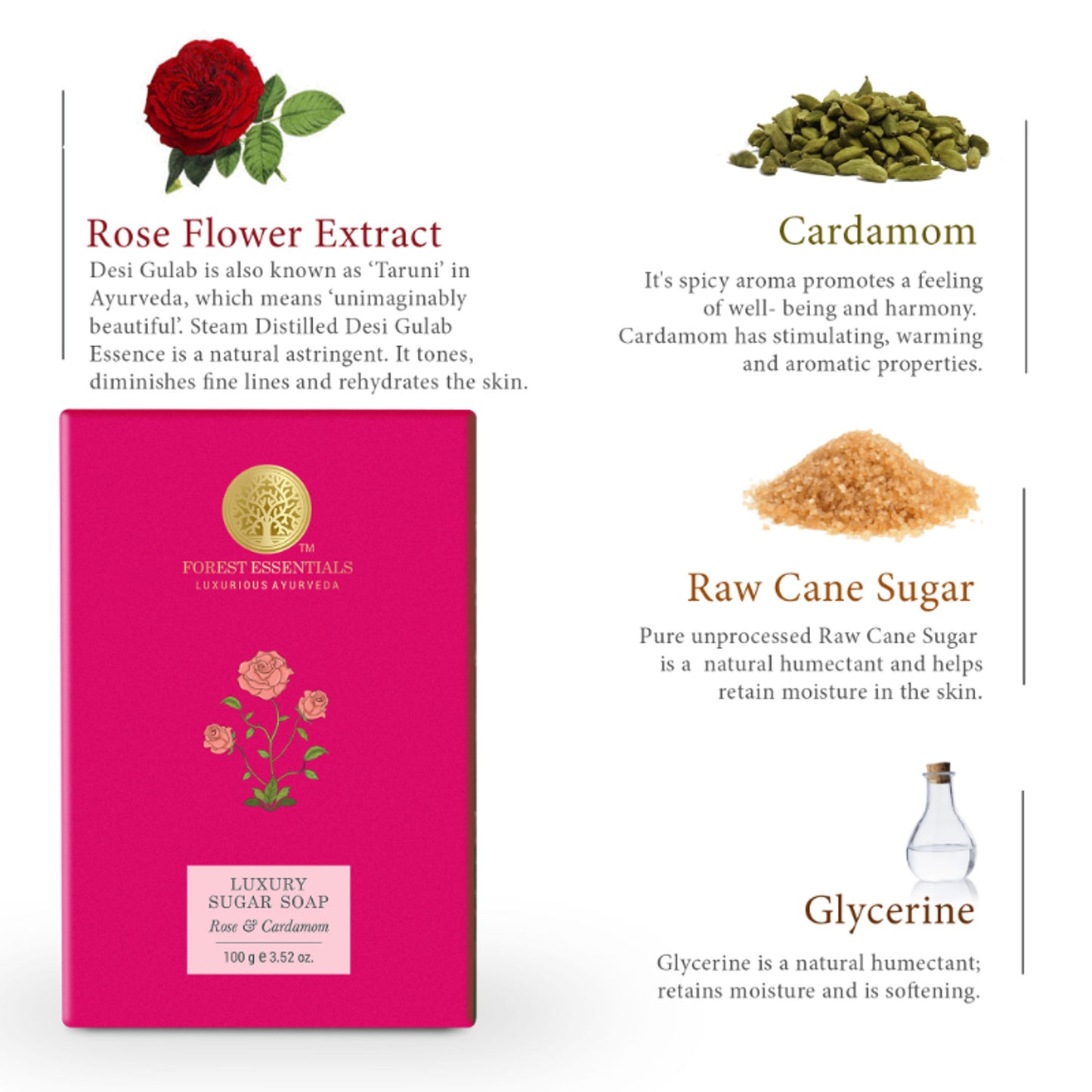 Forest Essentials Luxury Sugar Soap Rose & Cardamom - Ayurvedic Handmade Natural Bath Soap
