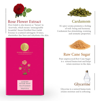 Forest Essentials Luxury Sugar Soap Rose & Cardamom - Ayurvedic Handmade Natural Bath Soap