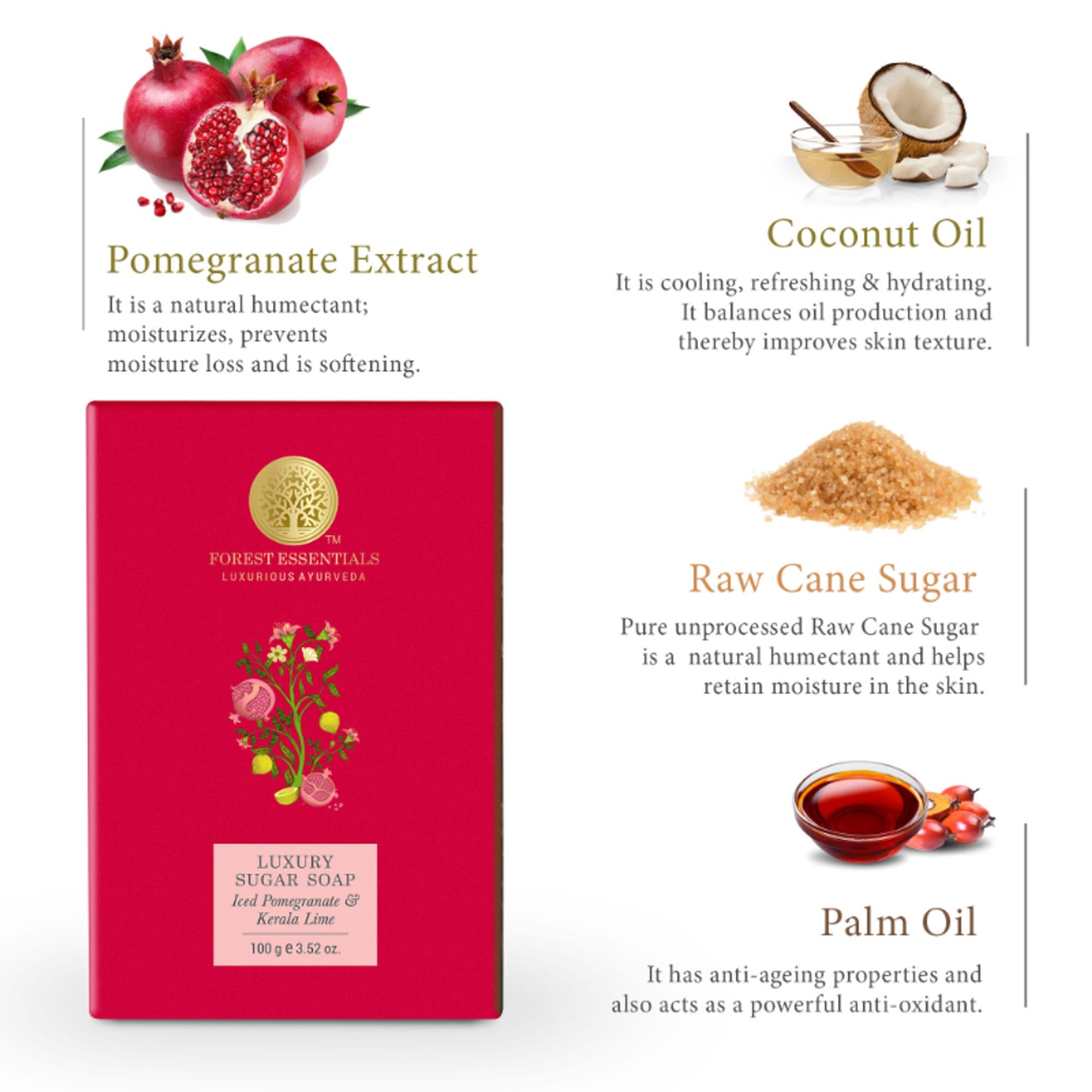 Forest Essentials Luxury Sugar Soap Pomegranate & Kerala Lime - Ayurvedic Handmade Bath Soap