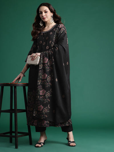 Indyancart IE Floral Printed Pure Cotton Kurta with Trousers & Dupatta