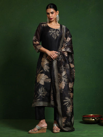Indyancart VA Women'sFloral Embroidered Thread Work Chanderi Silk Kurta with Trousers & Dupatta