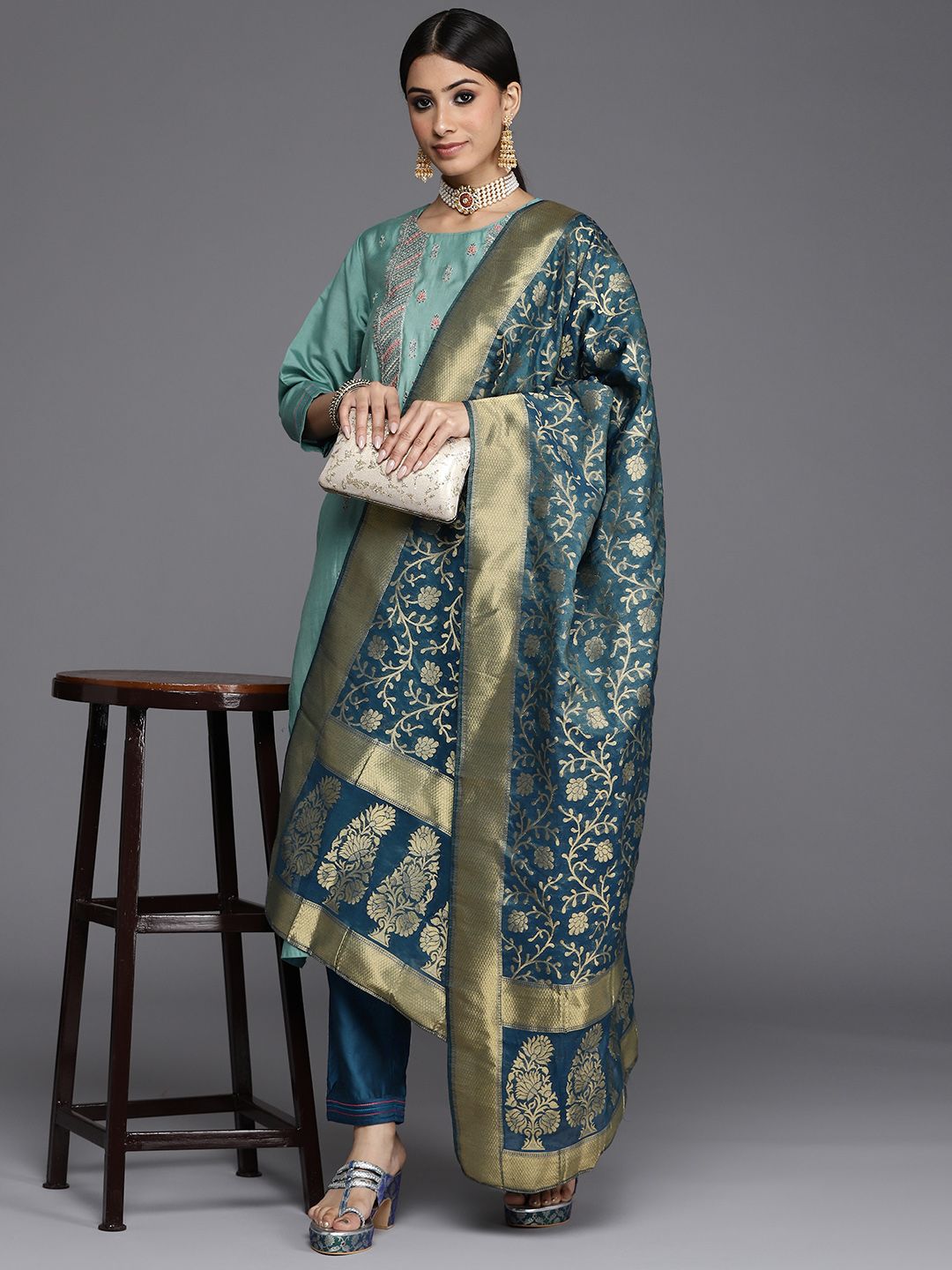 Indyancart VA Women's Blue Ethnic Motifs Embroidered Kurta with Trousers & Dupatta