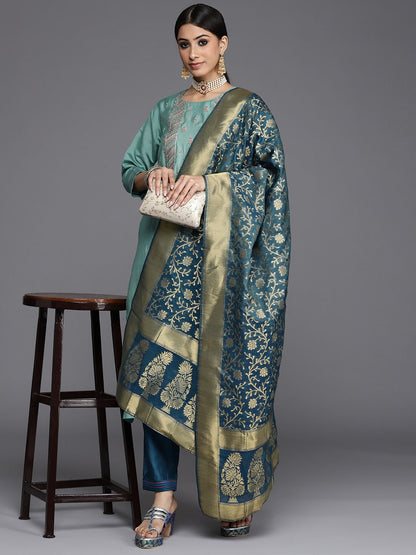 Indyancart VA Women's Blue Ethnic Motifs Embroidered Kurta with Trousers & Dupatta