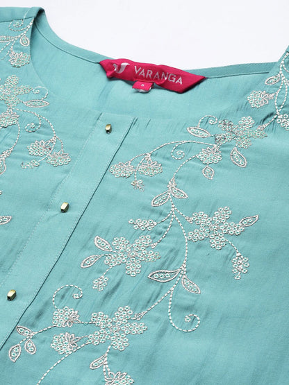 Indyancart VA Women's Blue Ethnic Motifs Embroidered Sequinned Kurta with Trousers & With Dupatta