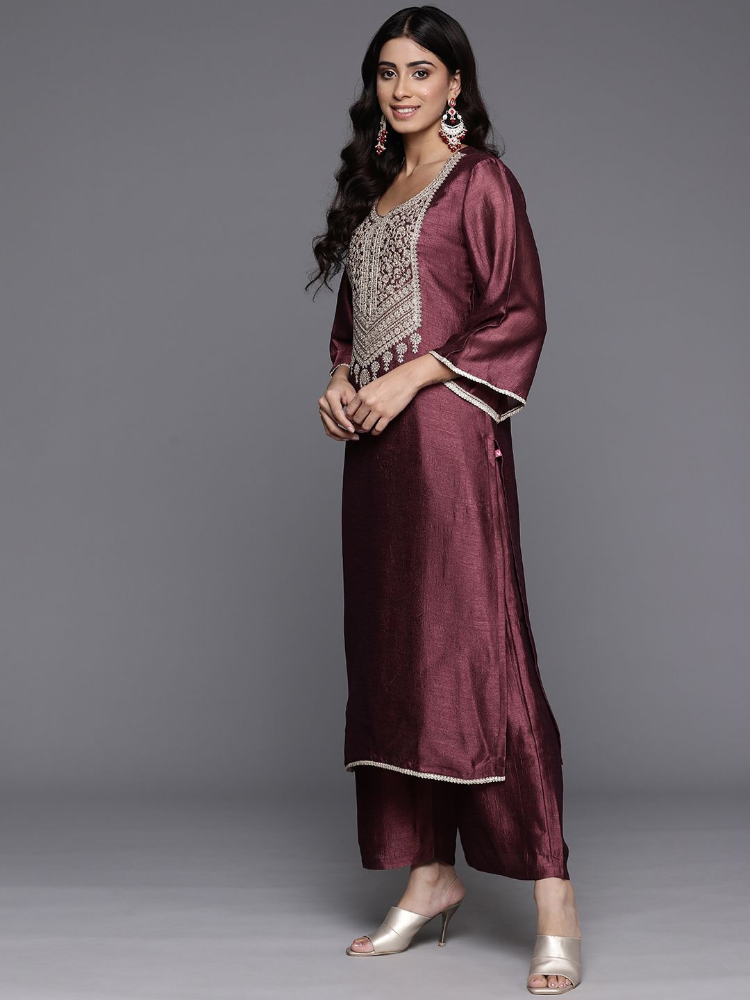 Indyancart VA Ethnic Motifs Embroidered Zari Kurta with Palazzos & Dupatta