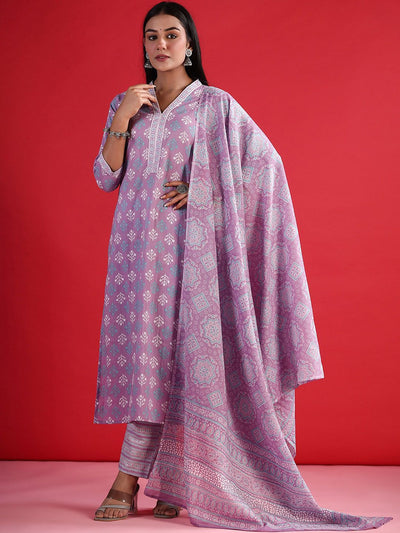 Indyancart IE V-Neck Ethnic Motifs Printed Regular Pure Cotton Kurta Set