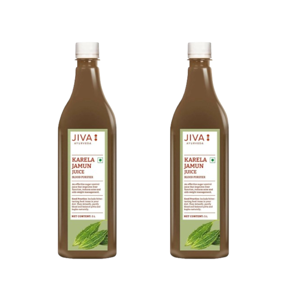 Jiva Ayurveda Karela Jamun Juice bottles, 500ml each, in a pack of two, traditional Ayurvedic herbal drinks with dark green labels.