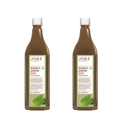 Jiva Ayurveda Karela Jamun Juice bottles, 500ml each, in a pack of two, traditional Ayurvedic herbal drinks with dark green labels.