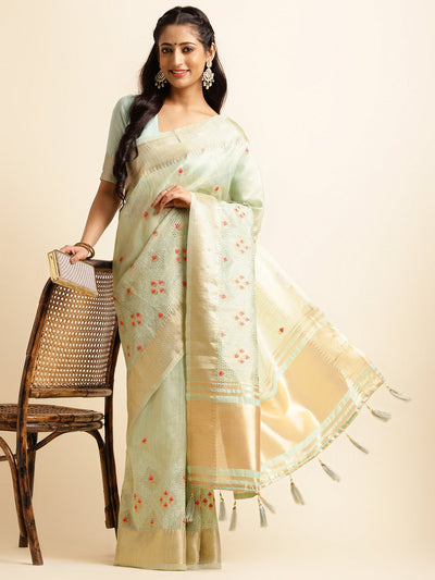 Indyancart GR Women's Savi Sea Green Cotton Khadi Silk Saree