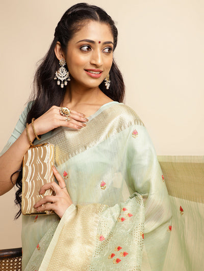 Indyancart GR Women's Savi Sea Green Cotton Khadi Silk Saree