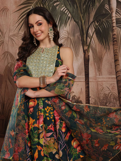 Indyancart SN Women's Floral Printed Pleated Sequinned Kurta with Dhoti Pants & Dupatta