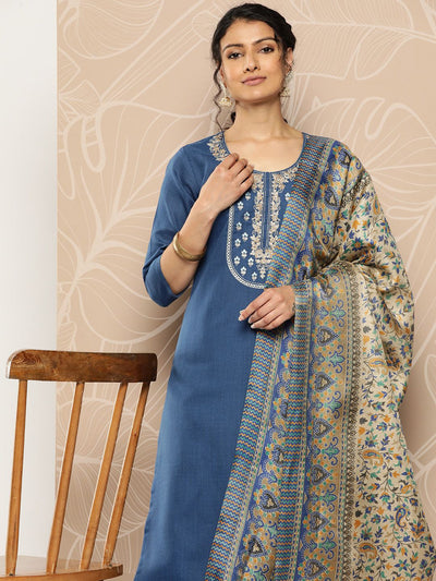 Indyancart VA Women'sBlue Yoke Embroidered Kurta with Trouser and Dupatta