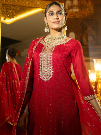 Indyancart IE Women Ethnic Motifs Embroidered Regular Sequinned Kurta with Trousers & With Dupatta