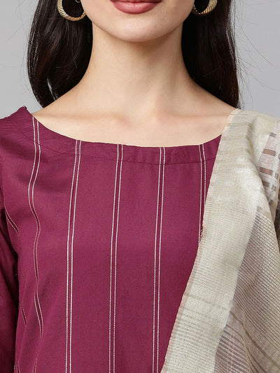 Indyancart IE Women Magenta & Beige Striped Kurta with Palazzos & Dupatta