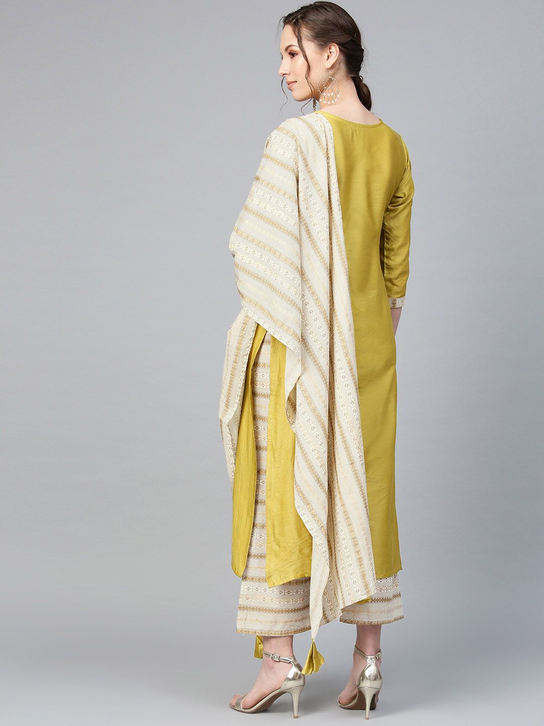 Dhiyona IE Women Mustard & Beige Printed Kurta with Palazzos & Dupatta