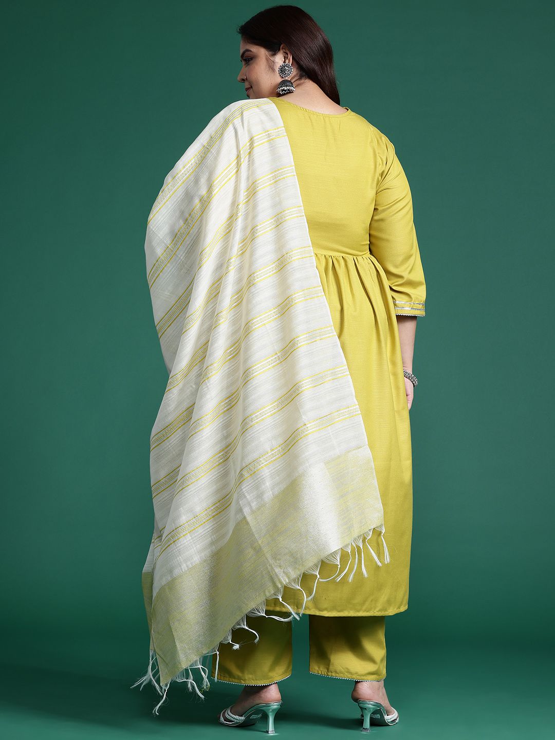 Indyancart Women's Plus Size Embroidered Empire Mirror Work Kurta With Trousers & Dupatta