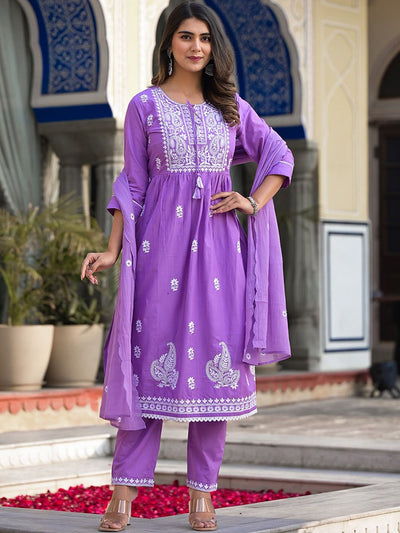 Indyancart VA Women'sEthnic Motifs Embroidered Thread Work Pure Cotton Kurta with Trousers & Dupatta