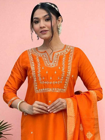 Indyancart SN Women's Floral Embroidered Thread Work Notch Neck Straight Kurta With Trouser And Dupatta