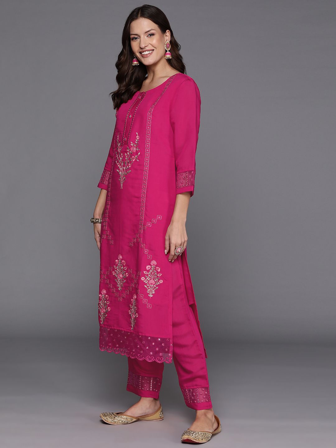 Indyancart IE Women Floral Embroidered Regular Mirror Work Kurta with Trousers & With Dupatta